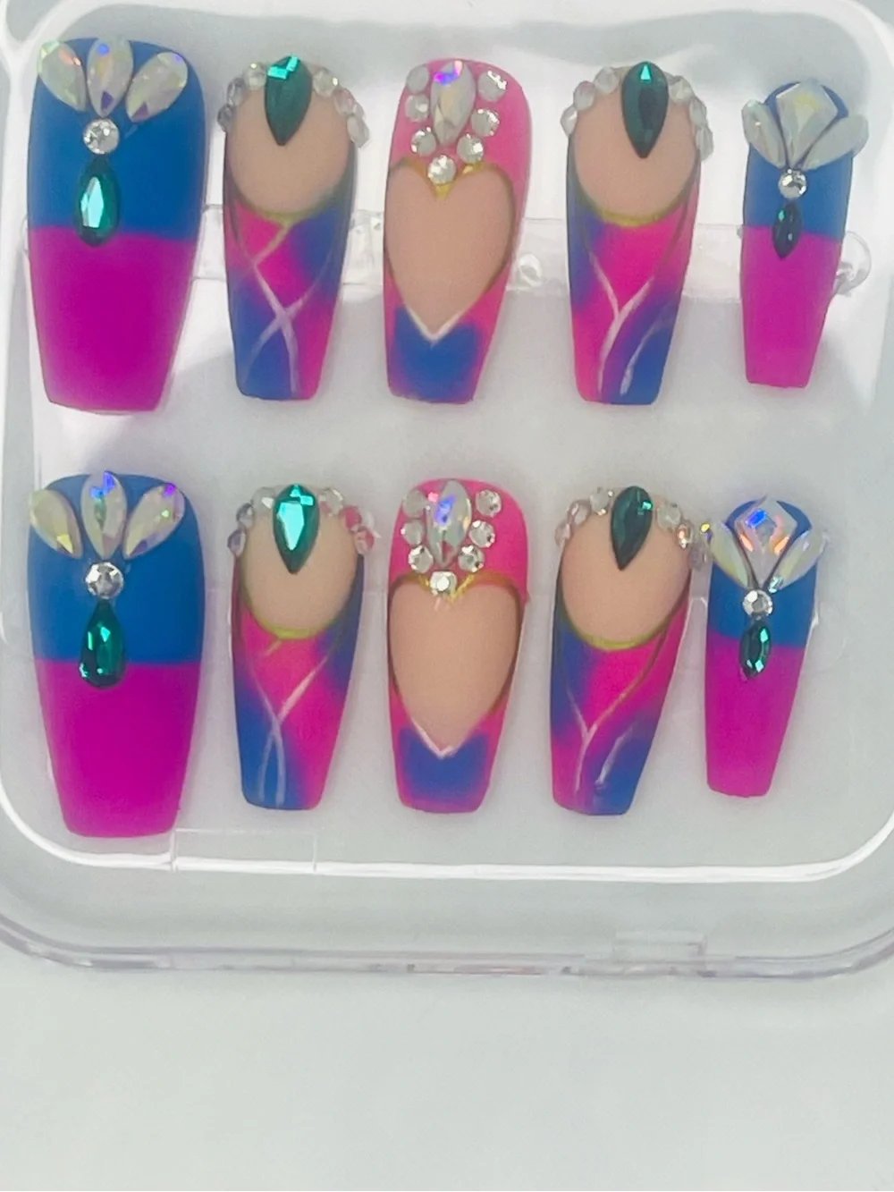 Neon Pink & Blue Crystal Heart Coffin Handmade Press-On Nails
